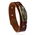 Vintage brown leather bracelet with an antique bronze feather plaque and metal studs - Feather Decoration / Brown