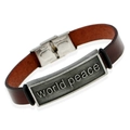 Retro braunes Lederarmband mit gravierter World Peace Edelstahlplatte für Herren - Weltfrieden Schriftzug Stil (GTW071) / Dunkelbraun