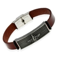 Bracciale vintage in pelle marrone da uomo con placca in metallo argento e fibbia pieghevole - Marrone