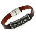 Gotisches Herren-Lederarmband in Braun mit geprägter silberner Rose aus Edelstahl - Dunkelbraune Rose Relief (GTW059)