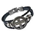 Close-up of men's multi-layer braided leather bracelet with vintage metal cross charm - Cross