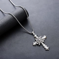 Silver cross pendant with 3D rose detail on round box chain made of titanium steel - Rose Cross Necklace (L936-B)