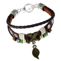 Retro multi-layer woven leather bracelet with bronze charms and wooden beads - Brown X-Charm Style (Toggle Clasp)
