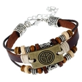 Handmade vintage multilayer leather bracelet featuring a bronze peace sign and wood beads - Peace Sign