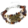 Gelaagde leren armband met kruis bronzen plaquette en vintage houten kralen decor - Bruin