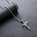 Zilveren roestvrijstalen kruis ketting met gegraveerde teksten en draaibare ring - Ringkruis Ketting (L936-E) Zwart