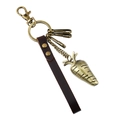 Retro carrot keychain featuring bronze alloy pendant and brown leather hand strap - Vintage Carrot (K144)
