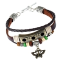 Retro punk multilayer leather bracelet with bronze butterfly charm and beaded accents - T-bar Clasp Style B (With Pendant)