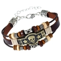 Retro punk multi-layer leather bracelet with bronze skull plaque and wooden beads - Lobster Clasp Style A Without Pendant