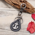 Vintage bronze anchor pendant keychain with black leather and silver alloy metal clasp - Black