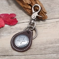 Retro punk keychain with brown leather drop pendant and star metal button on wood surface - Dark Brown