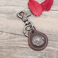 Retro brown leather keychain with dragon relief carving and vintage metal hook - Dark Brown