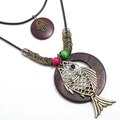 Ethnic wood fish necklace with vintage bronze fish charm and woven wax cord - Vintage Ethnic Fish Pendant (N0290)