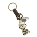 Portachiavi retrò in pelle fatto a mano con ciondolo Buddha in bronzo su sfondo bianco - Buddha Zen Vintage (K207)