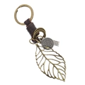 Vintage-Schlüsselanhänger aus Rindsleder mit Bronze-Blattanhänger und Metallanhängern - Vintage Blatt (Dunkelbraunes Lederseil)