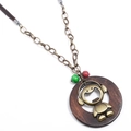 Retro long wooden necklace with headphone figurine pendant and colorful beads on white backdrop - Headphone Humanoid Wooden Ring Style (N0303)
