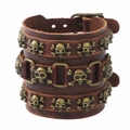 Bracciale largo in pelle vintage da uomo con borchie a teschio e fibbia in bronzo - Marrone Retrò + Bronzo