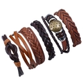 Set de 6 pulseras de cuero trenzado vintage multicapa para hombre con dije de estrella bronce - Estilo de Combinación Trenzado Vintage