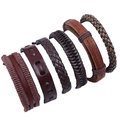 6-piece set of men's vintage leather bracelets with braided ropes in brown tones - Tools Set Combo