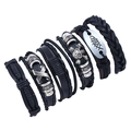 Set de 6 pulseras vintage de cuero para hombre con dijes punk de calavera y metal - Colección de 6 Piezas Vintage Punk