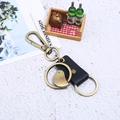 Vintage bronze alloy bird pendant keychain with genuine black leather and spring carabiner - Black