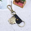 Retro bronzen uil sleutelhanger met vederstructuur en zwarte lederen riem voor sleutels - Zwart