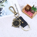 Vintage alarm clock alloy pendant with black leather keychain and bronze metal clasp - Black