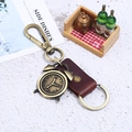 Vintage bronze alarm clock keychain with dark brown leather strap and sturdy metal hook - Brown