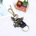 Vintage eagle pendant leather keychain with antique bronze metal eagle relief and hook - Black