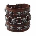 Bracciale punk multistrato in pelle marrone con fibbie vintage a teschio regolabili - Marrone Retrò + Argento Antico