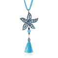 Sautoir étoile de mer tendance avec strass bleus et pompon en soie bleu clair élégant - Bleu