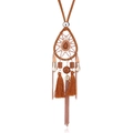 Bohemian dreamcatcher necklace with teardrop pendant and brown tassels on white background - Khaki