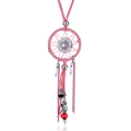 Pink bohemian dreamcatcher necklace with bead fringe and red crystal teardrop pendant - Pink