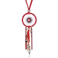 Detail of red dreamcatcher pendant necklace with turquoise beads and suede fringe - Red