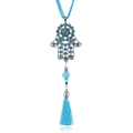 Bohemian Hamsa hand pendant necklace with blue crystals and stylish silky fringe tassel - Light Blue