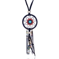 Detail of bohemian dreamcatcher necklace with blue gemstone and colorful beaded tassels - Dark Blue