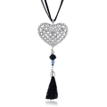 Detail of silver heart pendant with rhinestones, colorful beads, and black fabric tassel - Black