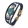 Bracciale punk multistrato in pelle con ciondolo Yin Yang mandala e chiusura bronzo - Nero Blu Chiaro Yin Yang