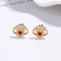 Elegant gold S925 silver Ruyi lock stud earrings with red stone and pavé diamonds - 925 Silver / Gold