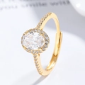 Eleganter 925er Silberring vergoldet mit ovalem Zirkon und Pavé-Diamanten für Damen - Einstellbar Offen / Ovaler Halo-Stil / Gold