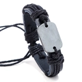 Punk vintage multilayer black leather bracelet with engravable metal plate for men - Black
