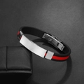 Detail of men's silicone bracelet showing mechanical stainless steel clasp and red accents - Red