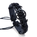 Retro zwarte gevlochten leren armband met matzwarte nautische anker hanger bedeltje - Zwart