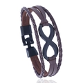 Multilayer brown braided leather infinity bracelet with a sleek black metal charm - Brown