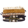 Mehrlagiges Vintage Lederarmband Set mit Bronze-Kreuz und Holzperlen für Damen - Kombinations-Layout-Stil