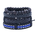 Set of four men's vintage leather bracelets with woven straps and dark brown wooden beads - Vintage Braided Style