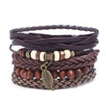 Set di bracciali in pelle multistrato con perline di legno e ciondoli a foglia di bronzo - Stile Intrecciato a Più Strati Vintage