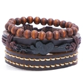 Three-piece set of men's vintage leather bracelets with heart arrow and wooden beads - Three-Piece Set