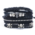 Mehrlagiges Punk-Lederarmband für Herren mit Totenkopf-Anhängern und schwarzen Holzperlen - 4-teiliges Set (TZ133)