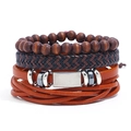 Vintage braided leather bracelet set for men featuring wood beads and silver metal charms - Retro Brown Set